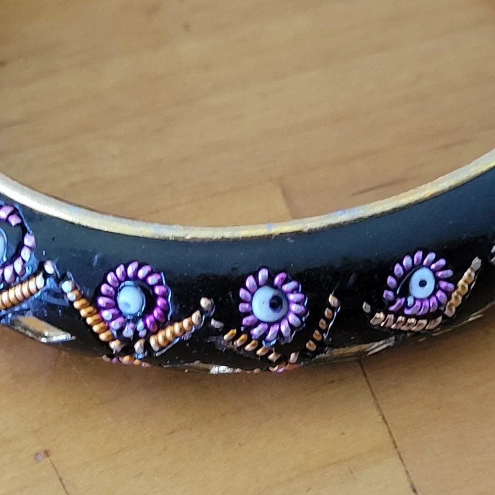 India Black Lacquer Bangle Bracelet Pink Floral Gold Mirror Inlay Vtg